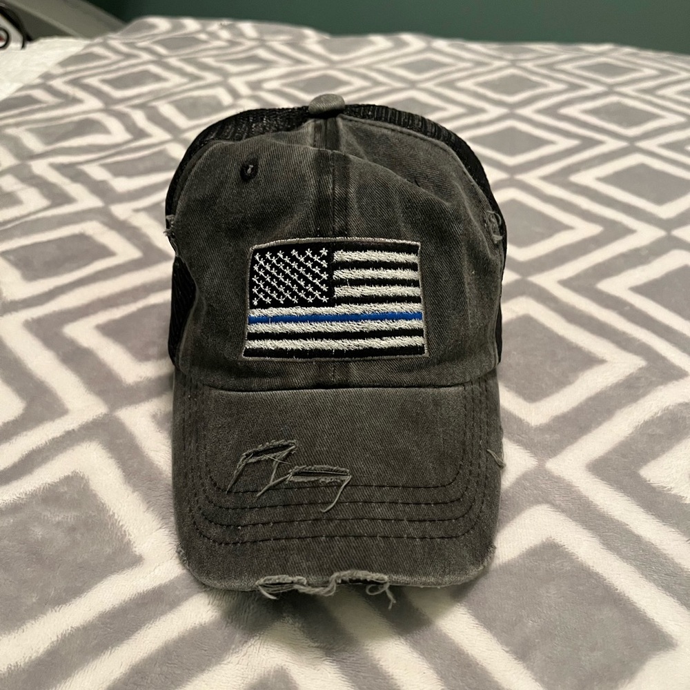 Thin Blue Line Distressed Ponytail Adjustable Trucker Hat